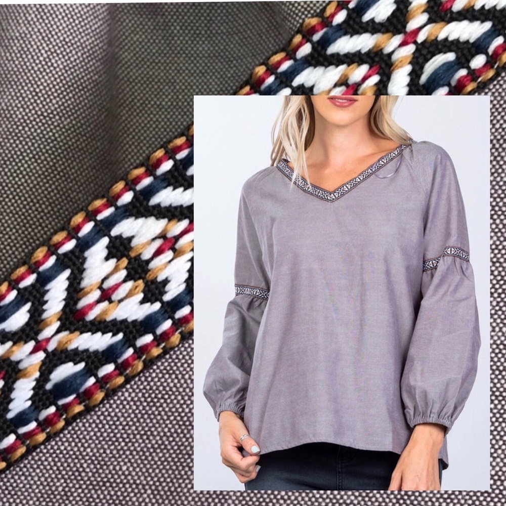 Gray Sky Boho Peasant Top - Picture 2 of 8